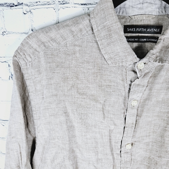 SAKS FIFTH AVENUE | 100% linen flip cuff collared button up classic fit shirt - Picture 2 of 8